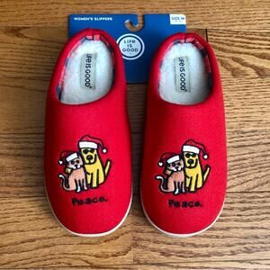 Life Is Good Red Slippers Festive Dog Cat Peace Design Women’s Size M (7-8) NWT